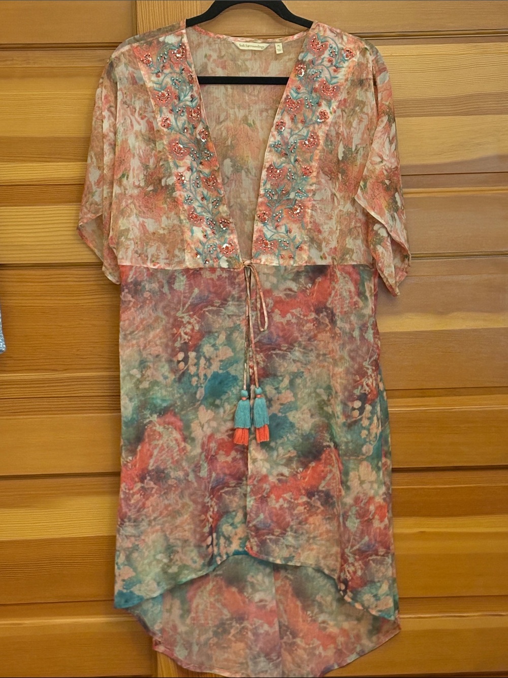 Soft Surroundings Coral Teal Floral Embellished Tie-Front Kimono